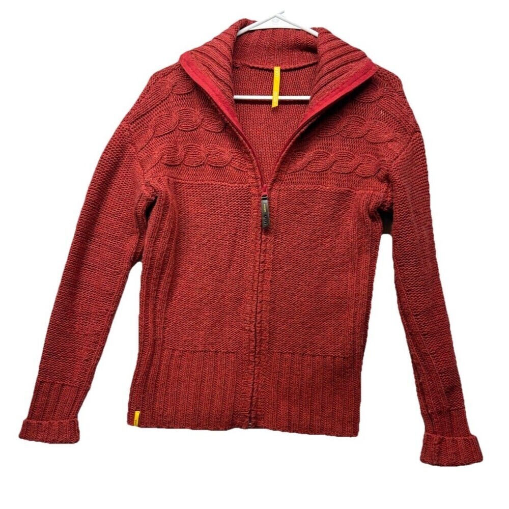 LOLE Womens Cable Knit Sweater Sz S Red Wool High Neck Long Sleeve Full Zip